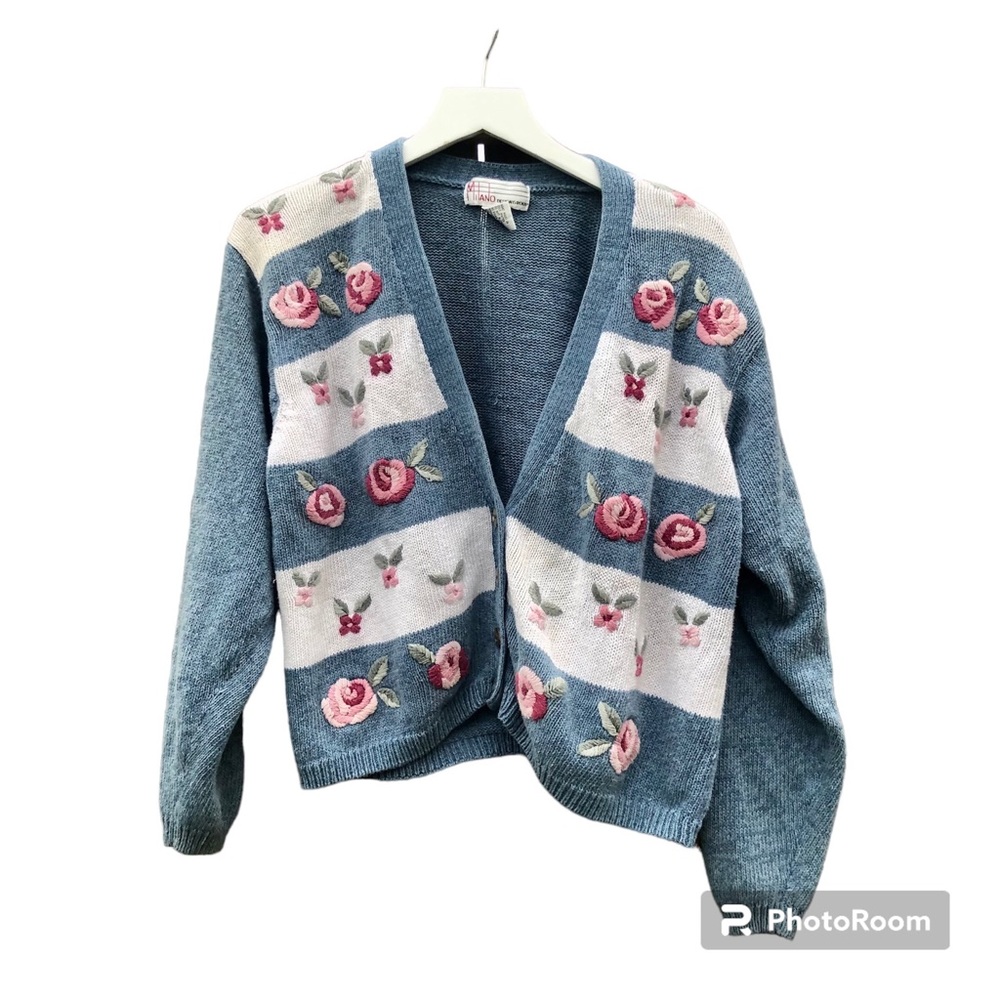 Vintage Cottagecore Sweater Rose Knit Textured Cardigan Button Up Milano